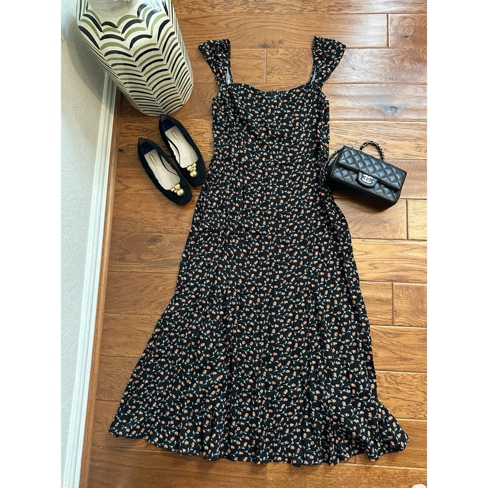 Reformation Bryson Dress Perla Black Floral Sweetheart Midi Smocked Women SZ 10
